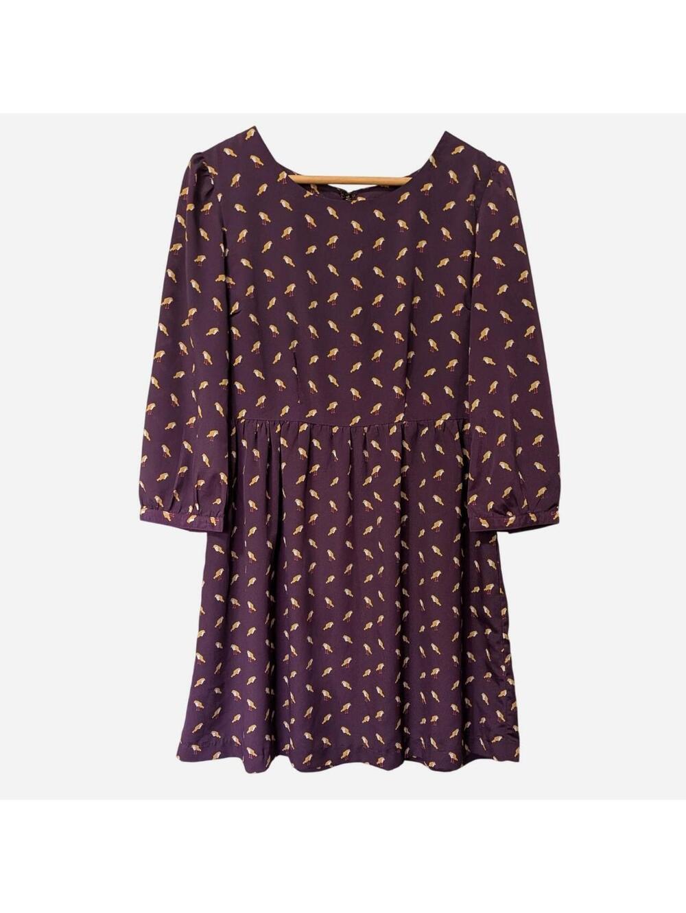 Vintage Y2K Fossil Plum Bird Print Babydoll Dress Twee Mustard Yellow Medium